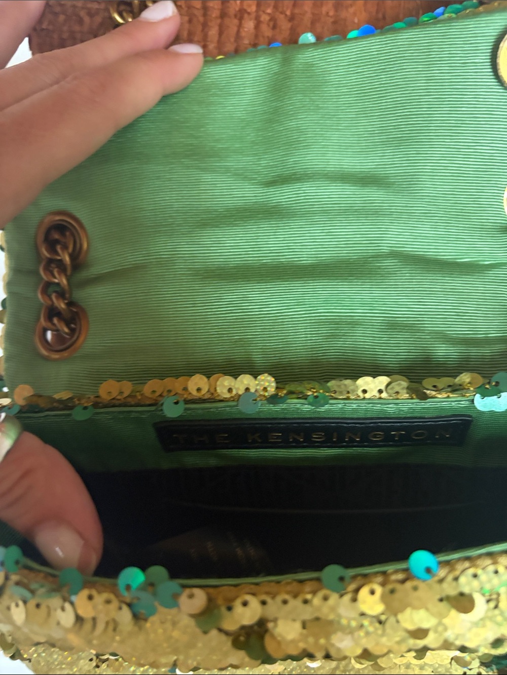 Kurt Geiger Sequin Chain Shoulder Bag in Green and Gold - Picture 4 of 6